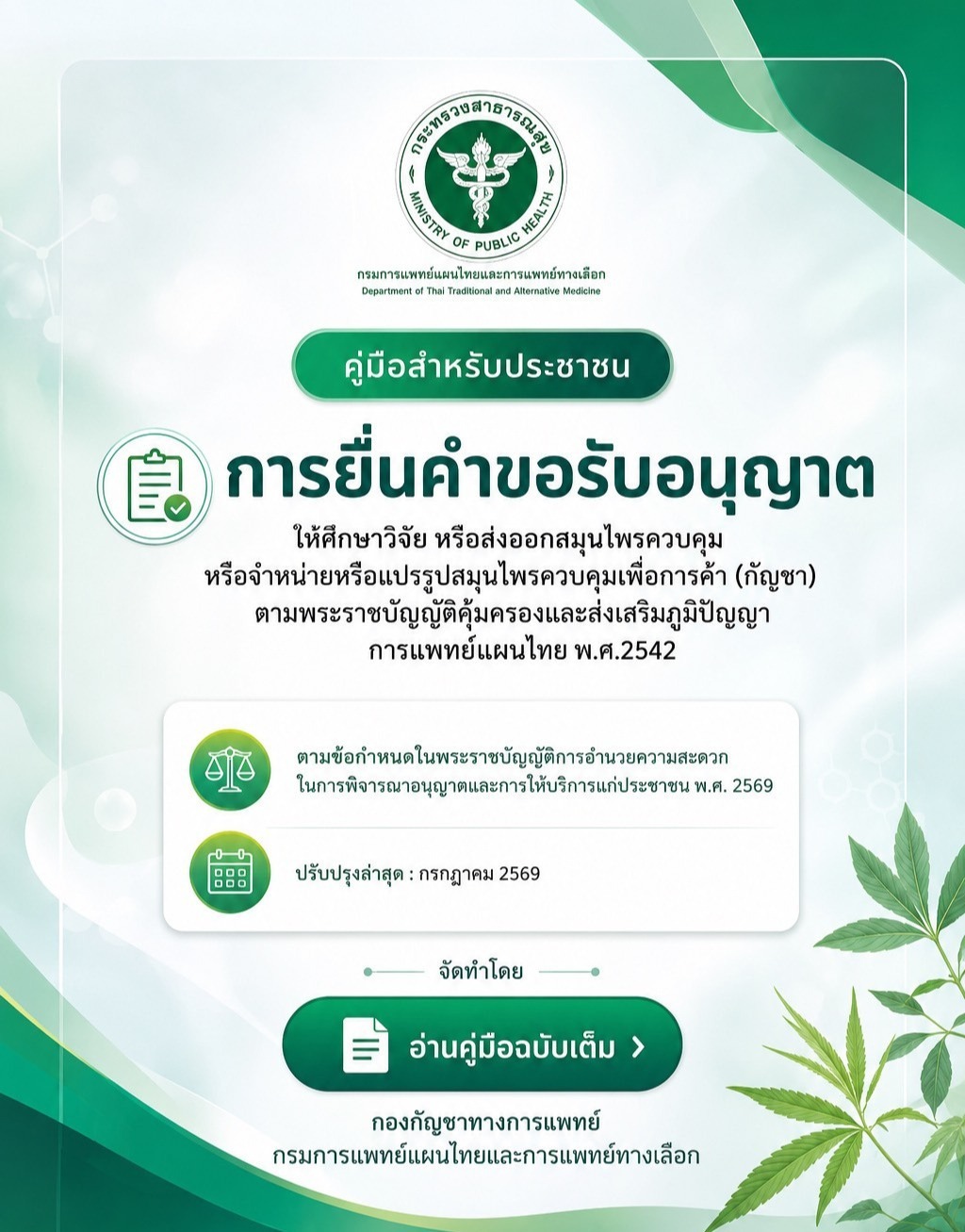 การยื่นคำขออนุญาต ให้ศึกษาวิจัย หรือส่งออกสมุนไพรควบคุม หรือจำหน่ายหรือแปรรูปสมุนไพรควบคุมเพื่อการค้า (กัญชา)